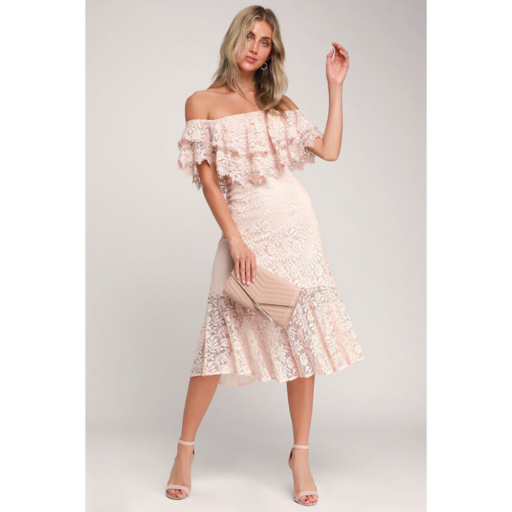 Lulus Jaclyn Blush Pink Lace Off-the-shoulder Midi Dress - Size M